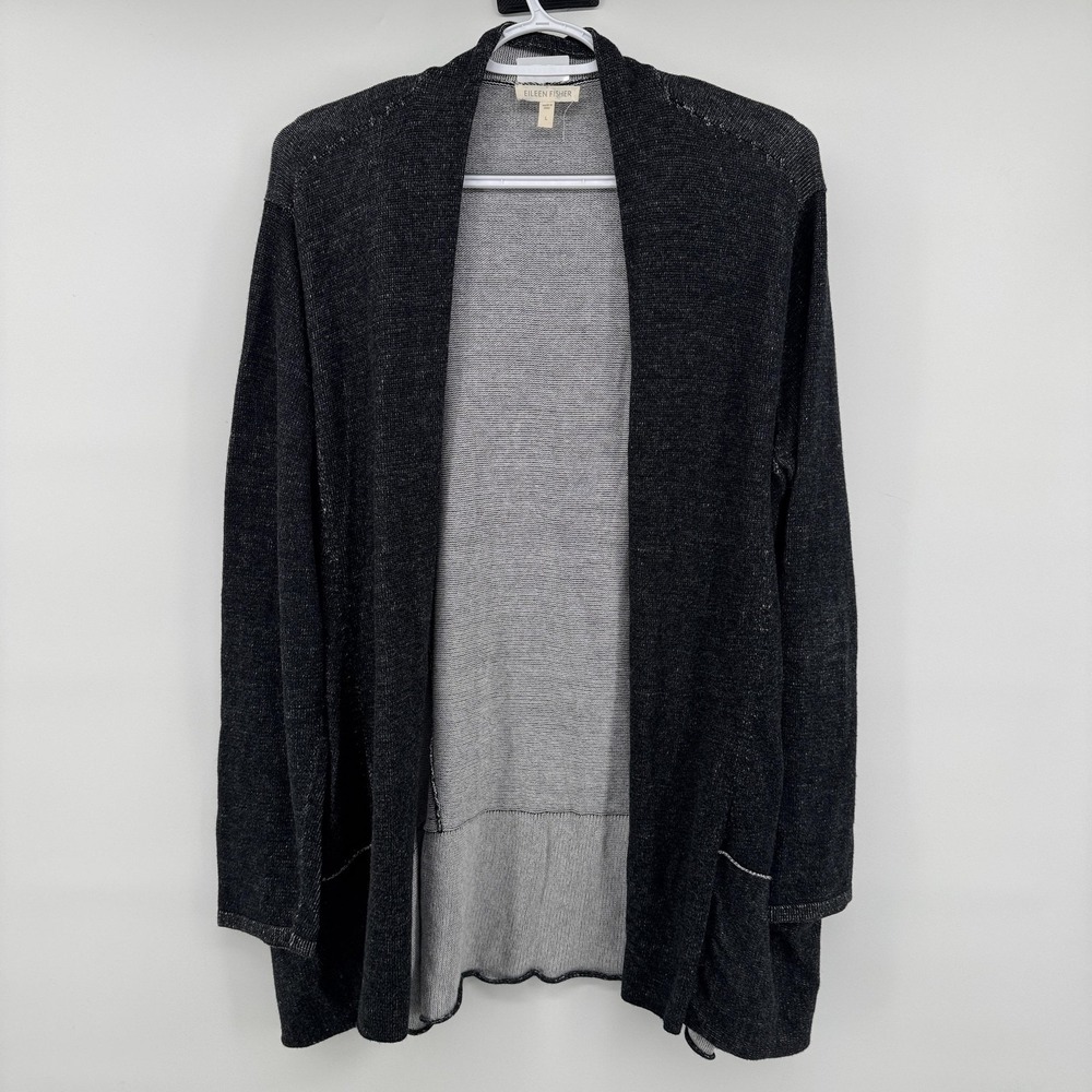 Eileen Fisher Cardigan Sweater Womens Large Gray Open Front Knit Pockets Relaxed